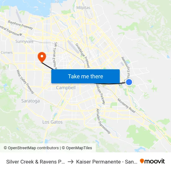 Silver Creek & Ravens Place (S) to Kaiser Permanente - Santa Clara map