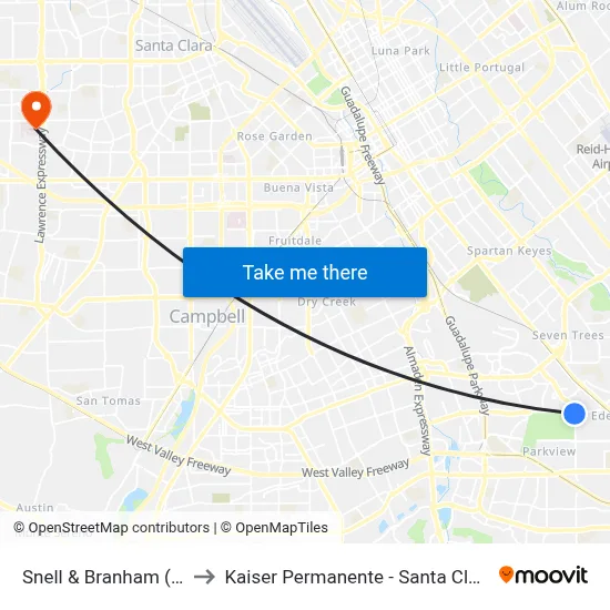Snell & Branham (S) to Kaiser Permanente - Santa Clara map