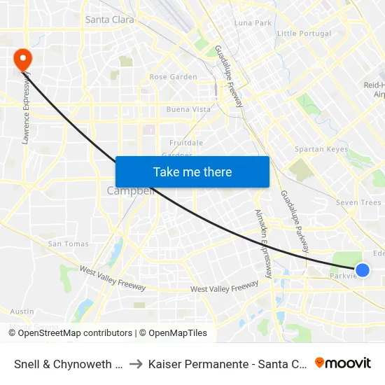 Snell & Chynoweth (S) to Kaiser Permanente - Santa Clara map