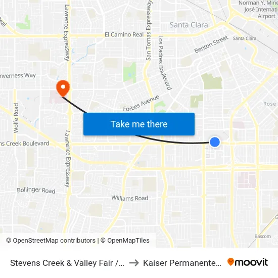 Stevens Creek & Valley Fair / Santana Row (W) to Kaiser Permanente - Santa Clara map