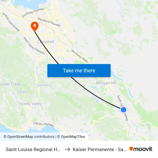 Saint Louise Regional Hospital (E) to Kaiser Permanente - Santa Clara map
