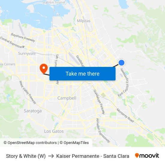 Story & White (W) to Kaiser Permanente - Santa Clara map