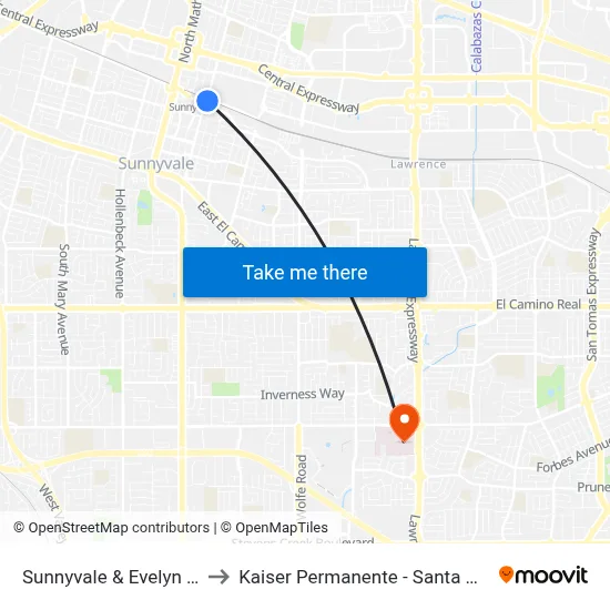 Sunnyvale & Evelyn (N) to Kaiser Permanente - Santa Clara map