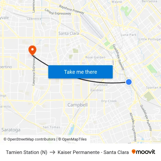 Tamien Station (N) to Kaiser Permanente - Santa Clara map