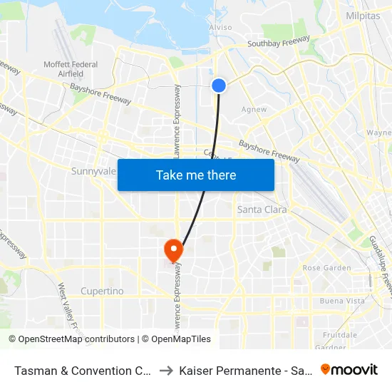 Tasman & Convention Center (W) to Kaiser Permanente - Santa Clara map