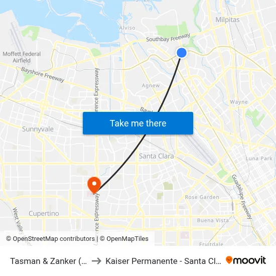 Tasman & Zanker (W) to Kaiser Permanente - Santa Clara map