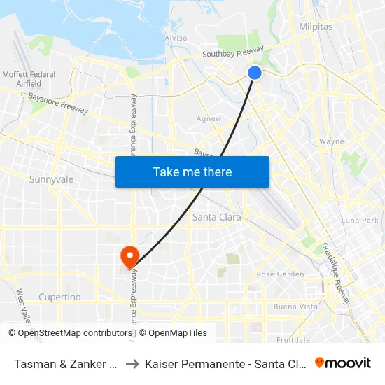 Tasman & Zanker (E) to Kaiser Permanente - Santa Clara map