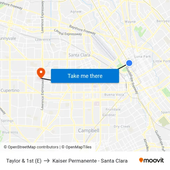 Taylor & 1st (E) to Kaiser Permanente - Santa Clara map