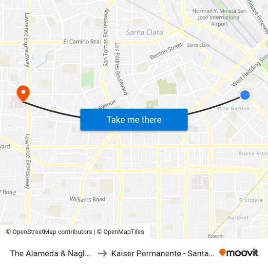 The Alameda & Naglee (E) to Kaiser Permanente - Santa Clara map