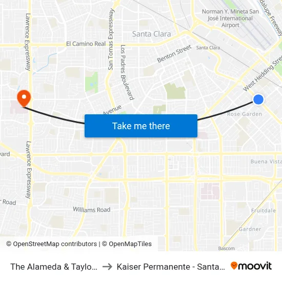 The Alameda & Taylor (W) to Kaiser Permanente - Santa Clara map