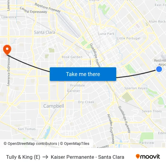 Tully & King (E) to Kaiser Permanente - Santa Clara map