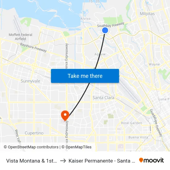 Vista Montana & 1st (W) to Kaiser Permanente - Santa Clara map