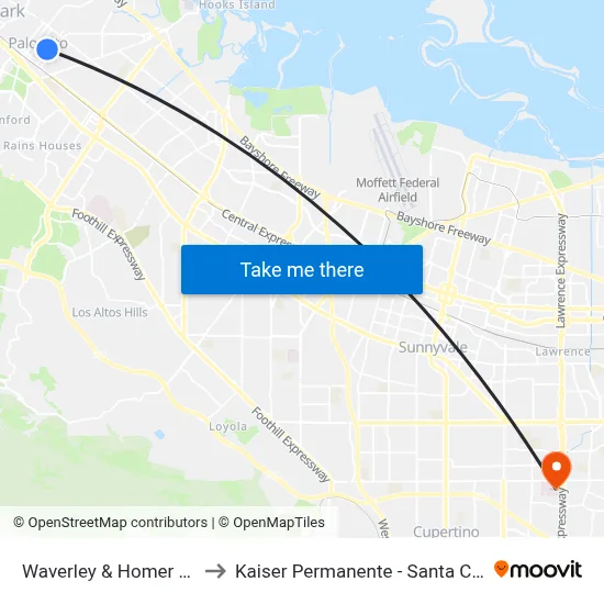 Waverley & Homer (W) to Kaiser Permanente - Santa Clara map