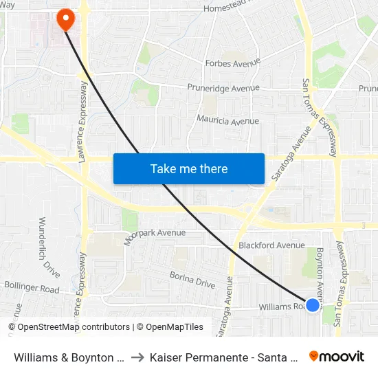 Williams & Boynton (W) to Kaiser Permanente - Santa Clara map