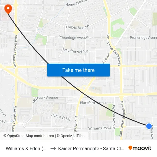 Williams & Eden (W) to Kaiser Permanente - Santa Clara map