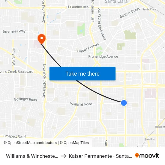 Williams & Winchester (W) to Kaiser Permanente - Santa Clara map
