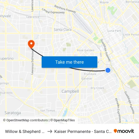 Willow & Shepherd (W) to Kaiser Permanente - Santa Clara map