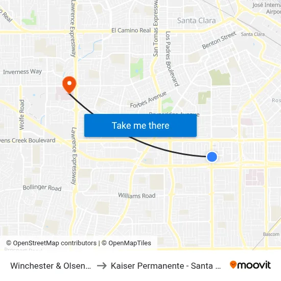 Winchester & Olsen (N) to Kaiser Permanente - Santa Clara map