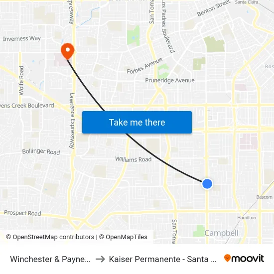 Winchester & Payne (N) to Kaiser Permanente - Santa Clara map