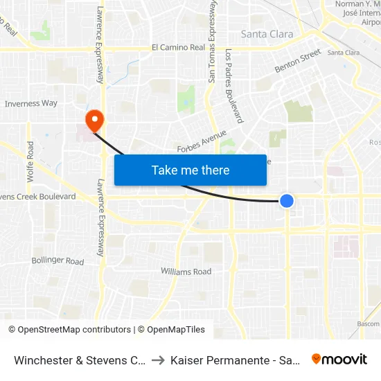 Winchester & Stevens Creek (S) to Kaiser Permanente - Santa Clara map