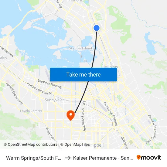 Warm Springs/South Fremont to Kaiser Permanente - Santa Clara map