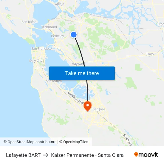 Lafayette BART to Kaiser Permanente - Santa Clara map