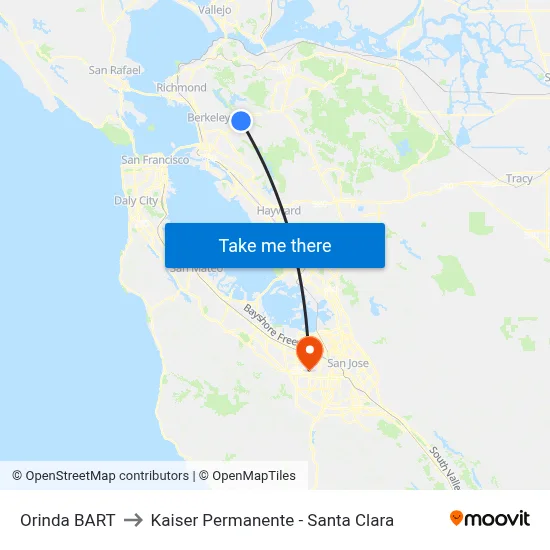 Orinda BART to Kaiser Permanente - Santa Clara map