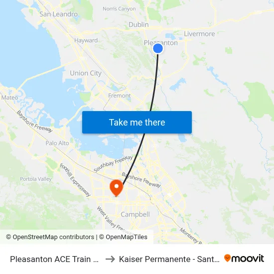 Pleasanton ACE Train Station to Kaiser Permanente - Santa Clara map