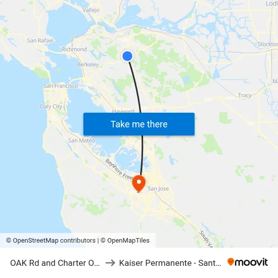 OAK Rd and Charter OAK Cir to Kaiser Permanente - Santa Clara map