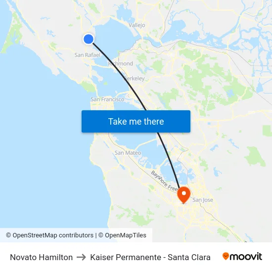Novato Hamilton to Kaiser Permanente - Santa Clara map
