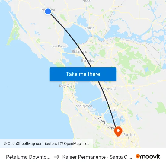 Petaluma Downtown to Kaiser Permanente - Santa Clara map