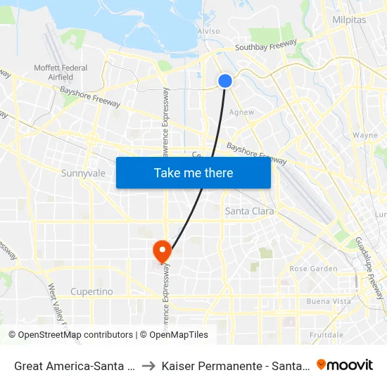 Great America-Santa Clara to Kaiser Permanente - Santa Clara map