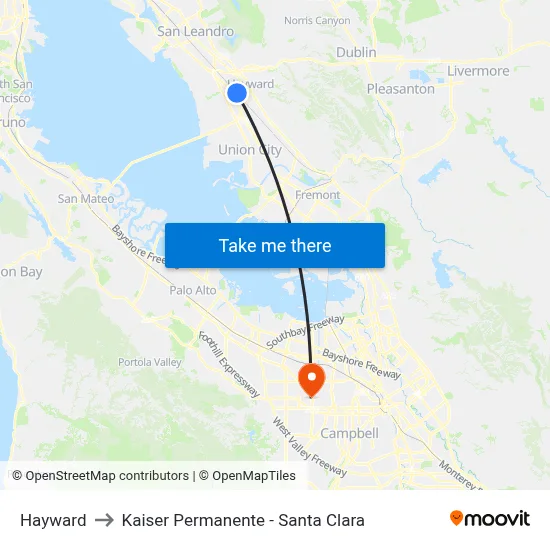 Hayward to Kaiser Permanente - Santa Clara map