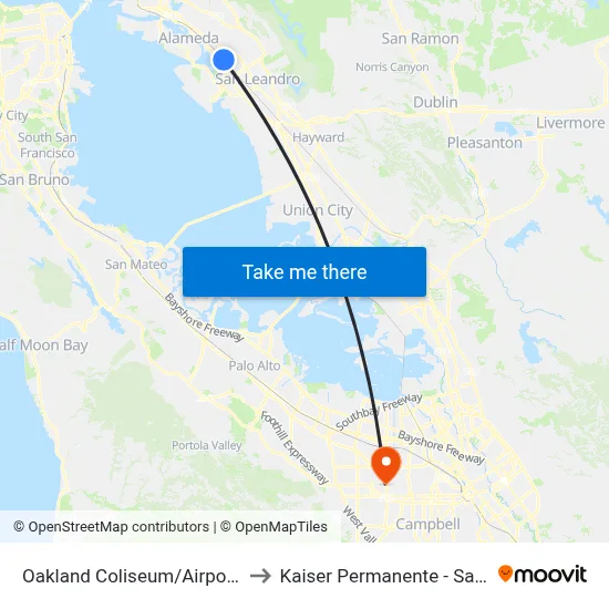 Oakland Coliseum/Airport Station to Kaiser Permanente - Santa Clara map