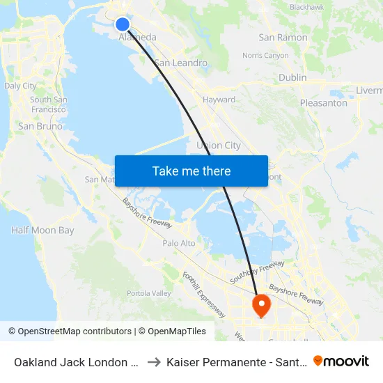 Oakland Jack London Square to Kaiser Permanente - Santa Clara map