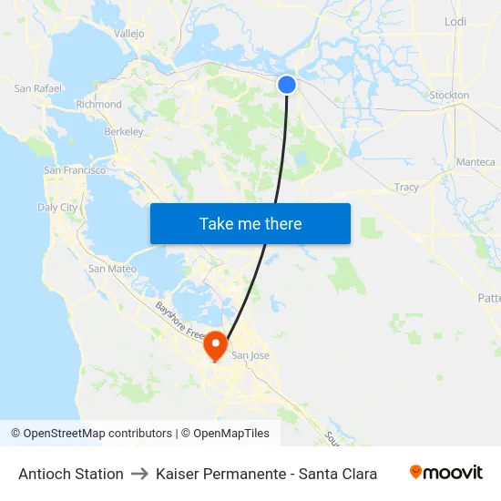 Antioch Station to Kaiser Permanente - Santa Clara map