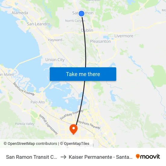 San Ramon Transit Center to Kaiser Permanente - Santa Clara map