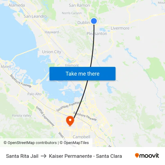 Santa Rita Jail to Kaiser Permanente - Santa Clara map