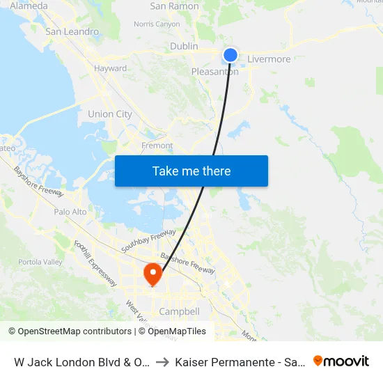 W Jack London Blvd & Outlets EB to Kaiser Permanente - Santa Clara map