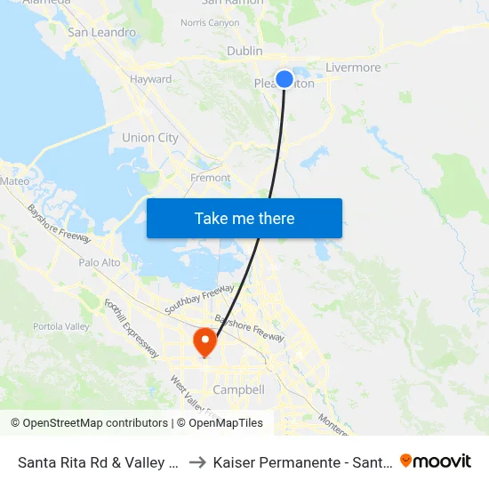 Santa Rita Rd & Valley Ave SB to Kaiser Permanente - Santa Clara map