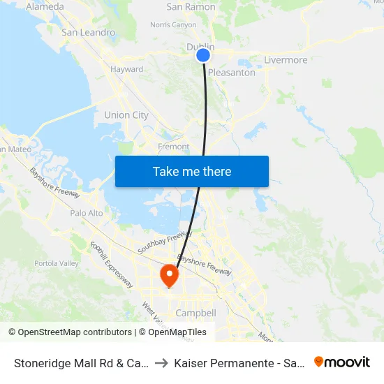 Stoneridge Mall Rd & Canyon Wy to Kaiser Permanente - Santa Clara map