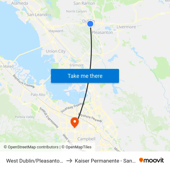 West Dublin/Pleasanton BART to Kaiser Permanente - Santa Clara map