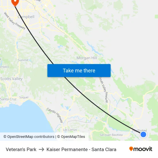 Veteran's Park to Kaiser Permanente - Santa Clara map