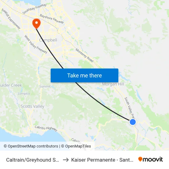 Caltrain/Greyhound Station to Kaiser Permanente - Santa Clara map