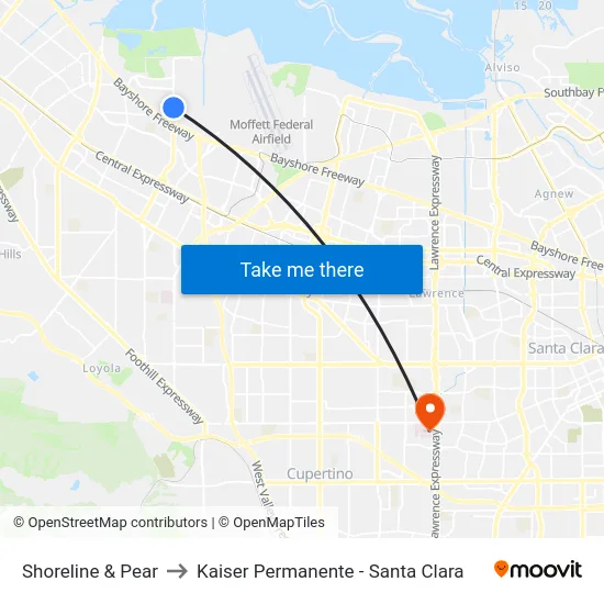 Shoreline & Pear to Kaiser Permanente - Santa Clara map