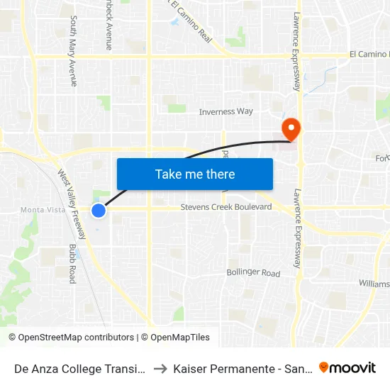 De Anza College Transit Center to Kaiser Permanente - Santa Clara map