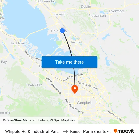 Whipple Rd & Industrial Parkway Southwest to Kaiser Permanente - Santa Clara map