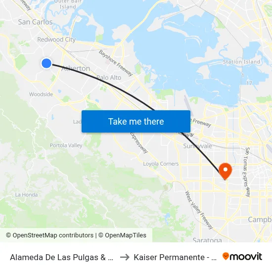 Alameda De Las Pulgas & McGarvey Ave to Kaiser Permanente - Santa Clara map