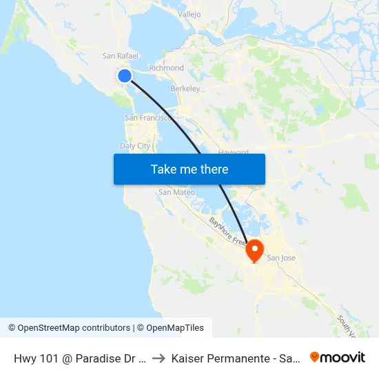 Hwy 101 @ Paradise Dr Bus Pad to Kaiser Permanente - Santa Clara map