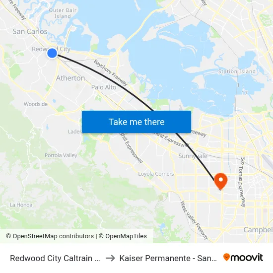 Redwood City Caltrain Station to Kaiser Permanente - Santa Clara map